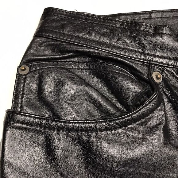 Vtg 80s DEERSKIN Trading Black Leather Jean Pants Men 28X30 Lined Rock Star - Picture 8 of 16